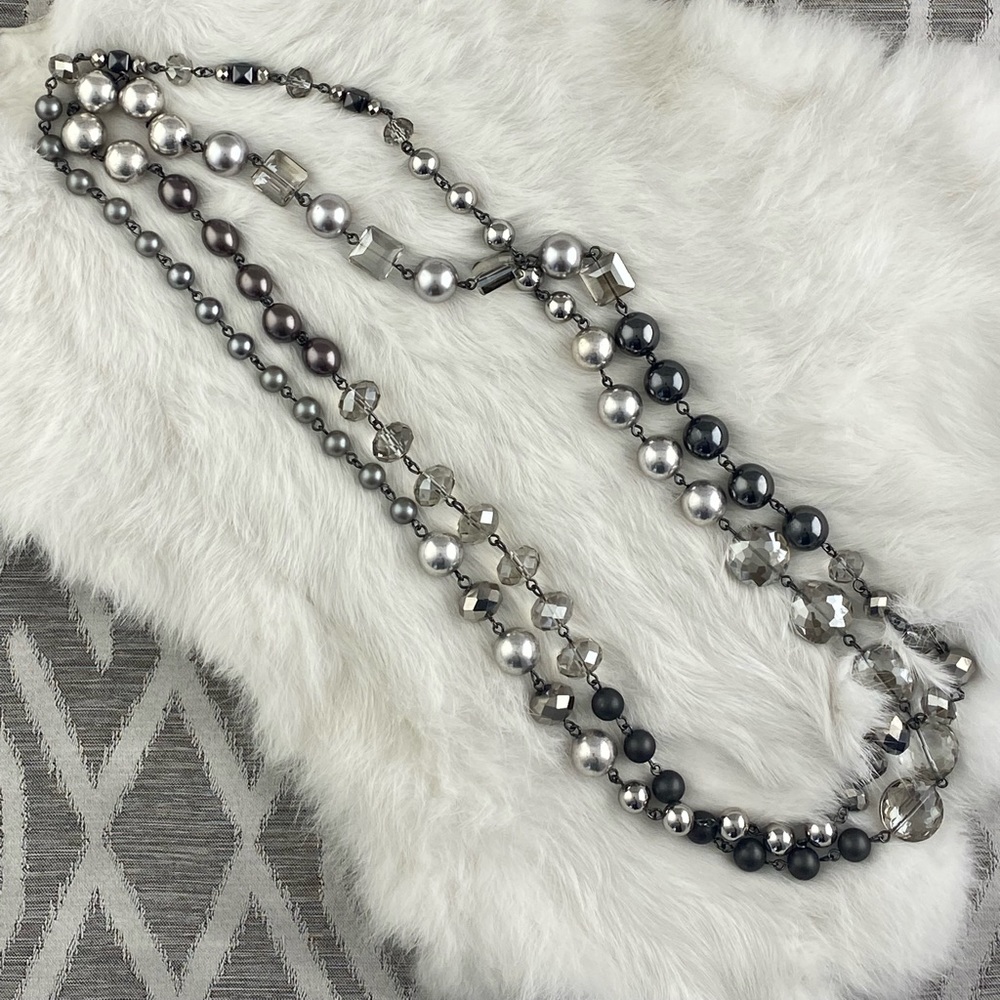 Gunmetal Silver Crystal Beaded Necklace
